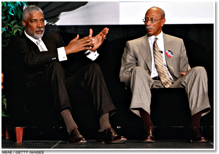 NBA legends Julius Erving (left) and Dave Bing speak during the Martin Luther King Jr. Day Sports Legacy Symposium at FedEx Forum in Memphis. Erving and Bing received the National Civil Rights Museum Sports Legacy Award at the event, which preceded a game between the Grizzlies and the Detroit Pistons.